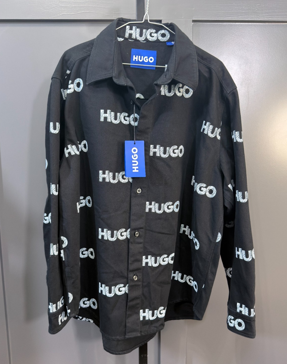 HUGO BOSS All Over Logo Shirt Black Long Sleeve Button Down Size L NWT